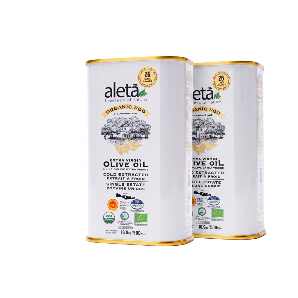 Aleta Organic Single Estate Extra Virgin Greek Olive Oil, PDO Messara Valley, High Polyphenols, 17 Oz Tin, Pack of 2
