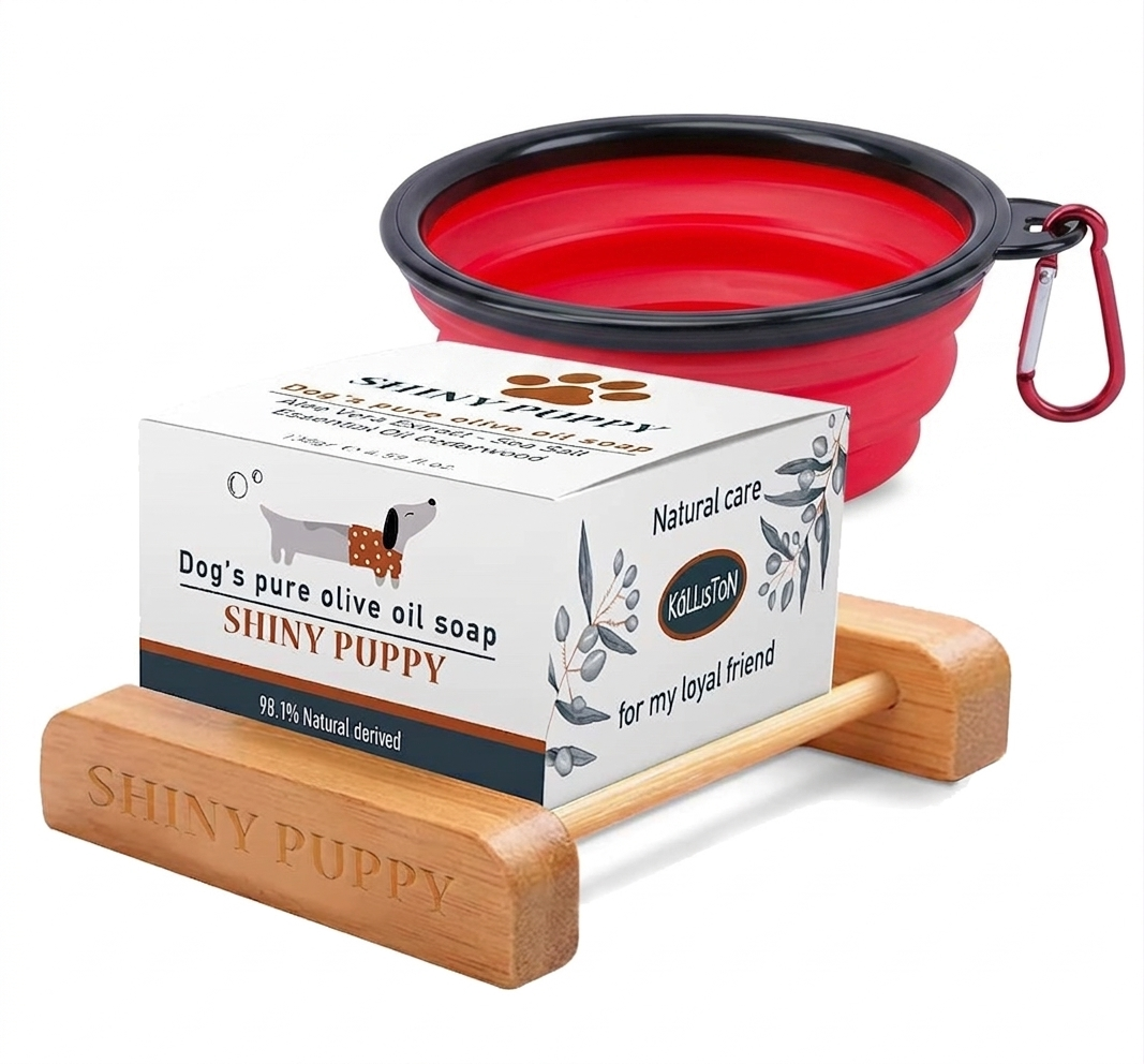 Puppy Dog Olive Oil Soap with Aloe Vera Extract, Shampoo Bar Soap, Itch Relief from Cedar Oil, Soap Base and Collapsible Water Dish, 130 Grams (Red)