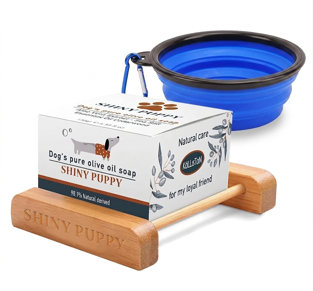 Puppy Dog Olive Oil Soap with Aloe Vera Extract, Shampoo Bar Soap, Itch Relief from Cedar Oil, Soap Base and Collapsible Water Dish, 130 Grams (Blue)