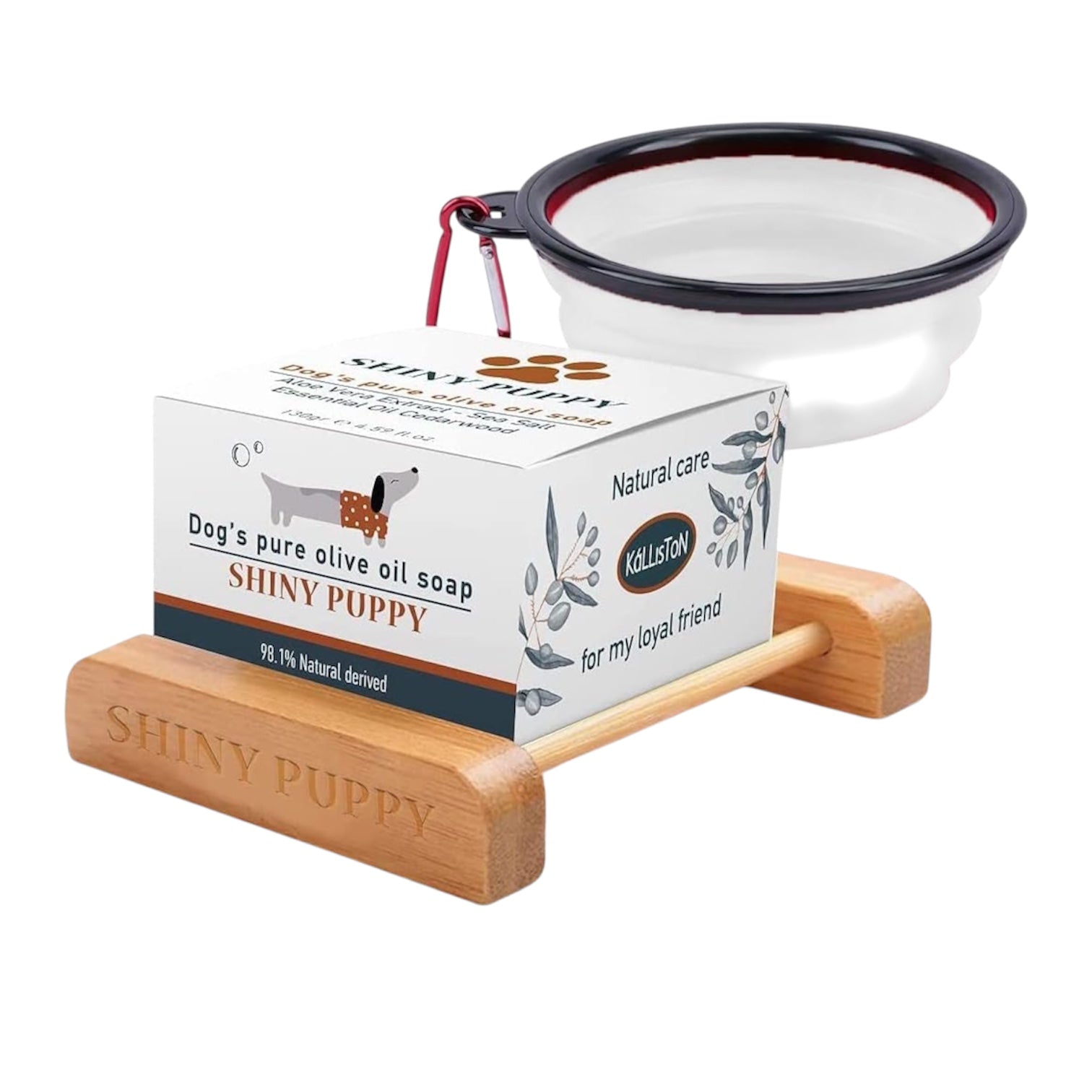 Puppy Dog Olive Oil Soap with Aloe Vera Extract, Shampoo Bar Soap, Itch Relief from Cedar Oil, Soap Base and Collapsible Water Dish, 130 Grams (White)