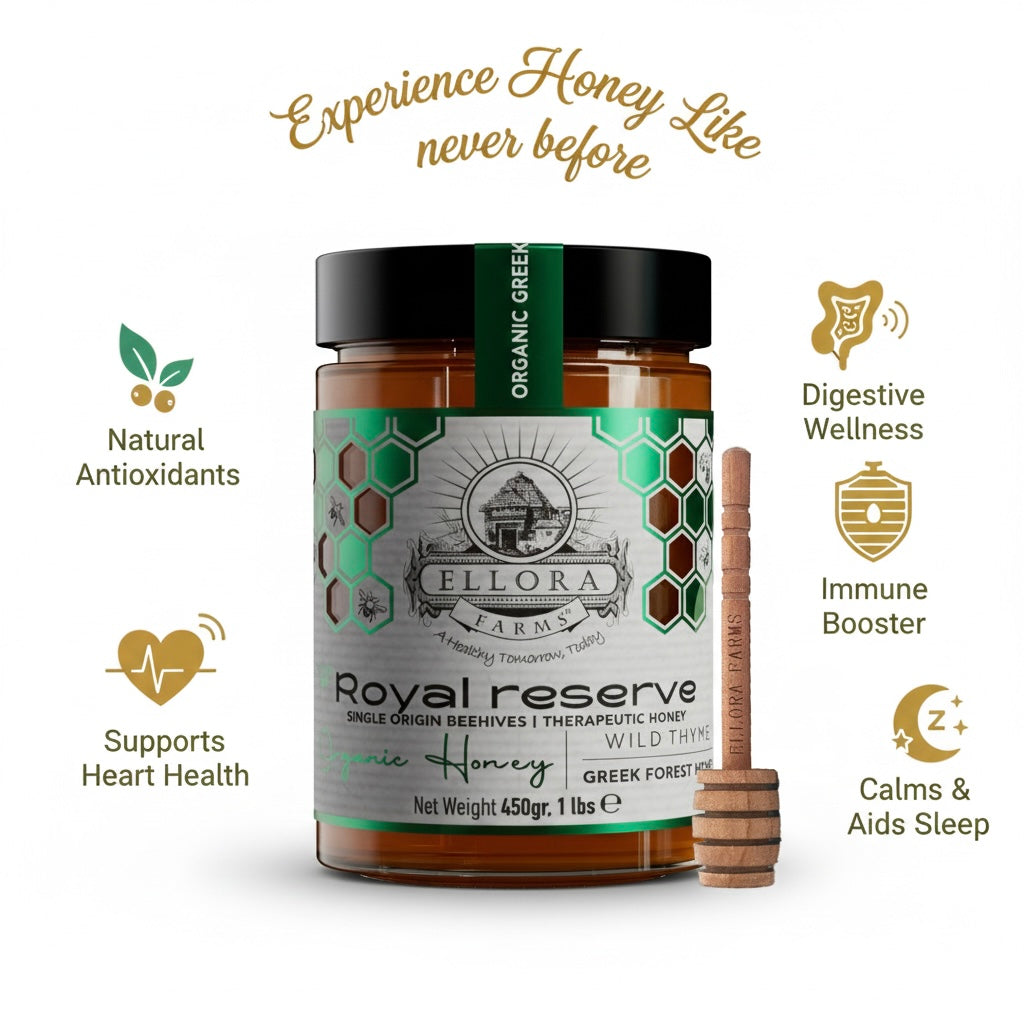 Ellora Farms, Organic Greek Raw Honey, Royal Reserve, Wild Thyme, Gift of Honey POT, Dipper Included, 450g