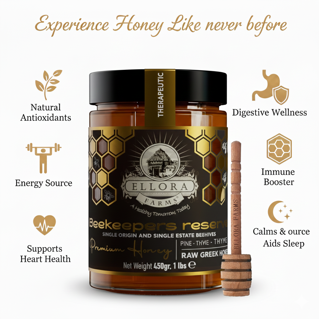 Ellora Farms, Single Estate PDO Greek Raw Honey, Beekeepers Reserve Gift of Honey in TUBE, Pine & Thyme, 450g