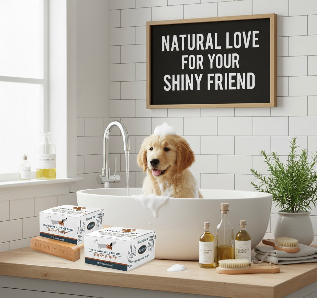 Puppy Dog Olive Oil Soap with Aloe Vera Extract, Shampoo Bar Soap, Itch Relief from Cedar Oil, Soap Base and Collapsible Water Dish, 130 Grams (Blue)