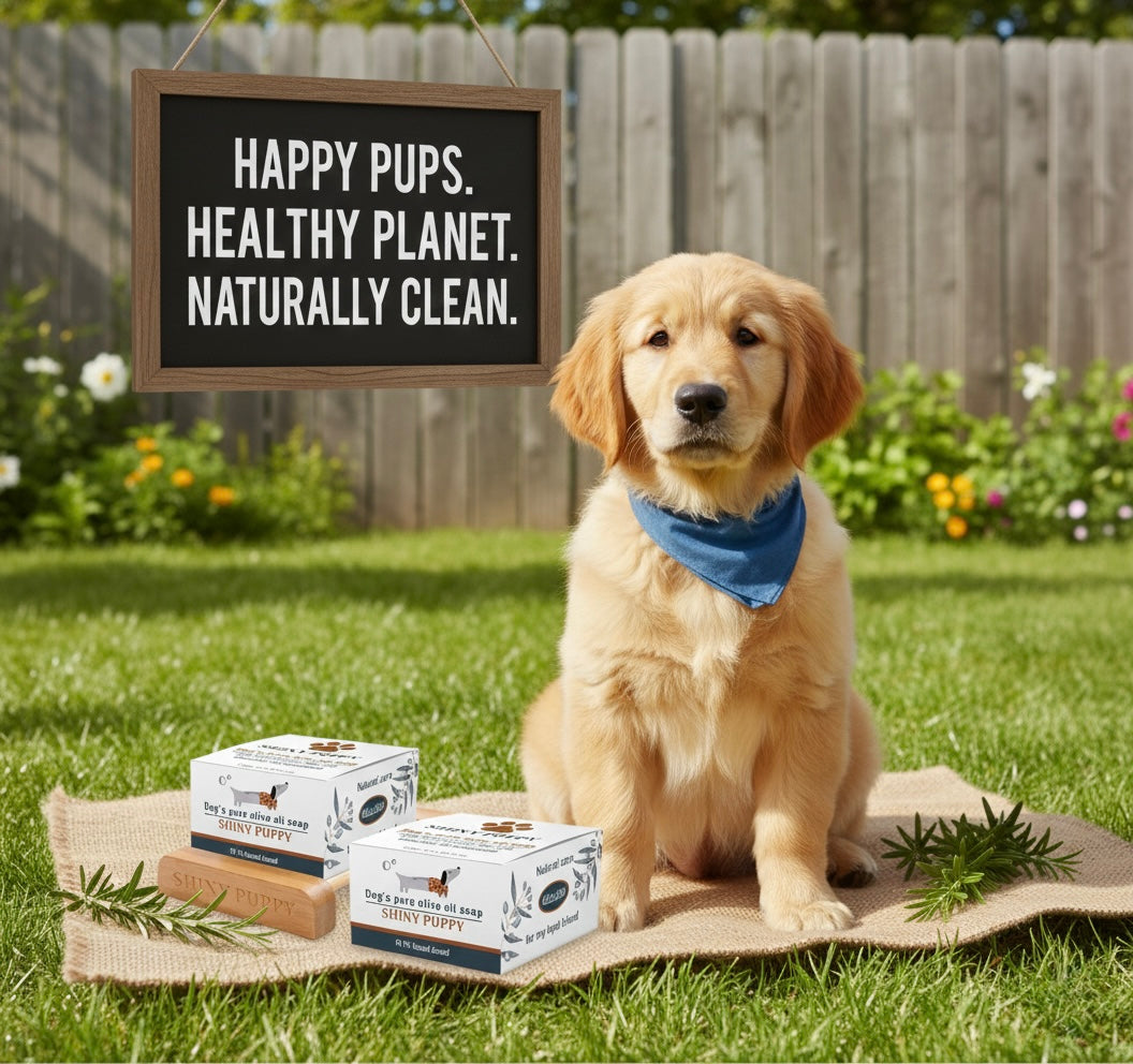 Puppy Dog Olive Oil Soap with Aloe Vera Extract, Shampoo Bar Soap, Itch Relief from Cedar Oil, Soap Base and Collapsible Water Dish, 130 Grams (Yellow)