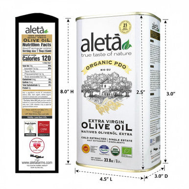 Aleta Organic & Single Estate PDO Extra Virgin Greek Olive Oil, Great Taste Award, 1 Ltr. Tin (33.8 oz.) X 4