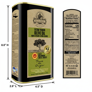 Ellora Farms, Award Winning Certified PDO Extra Virgin Olive Oil, Traceable and Single Estate, Harvested in Crete, Greece, 1 Ltr Tin, 33.8 FL oz, Pack of 4