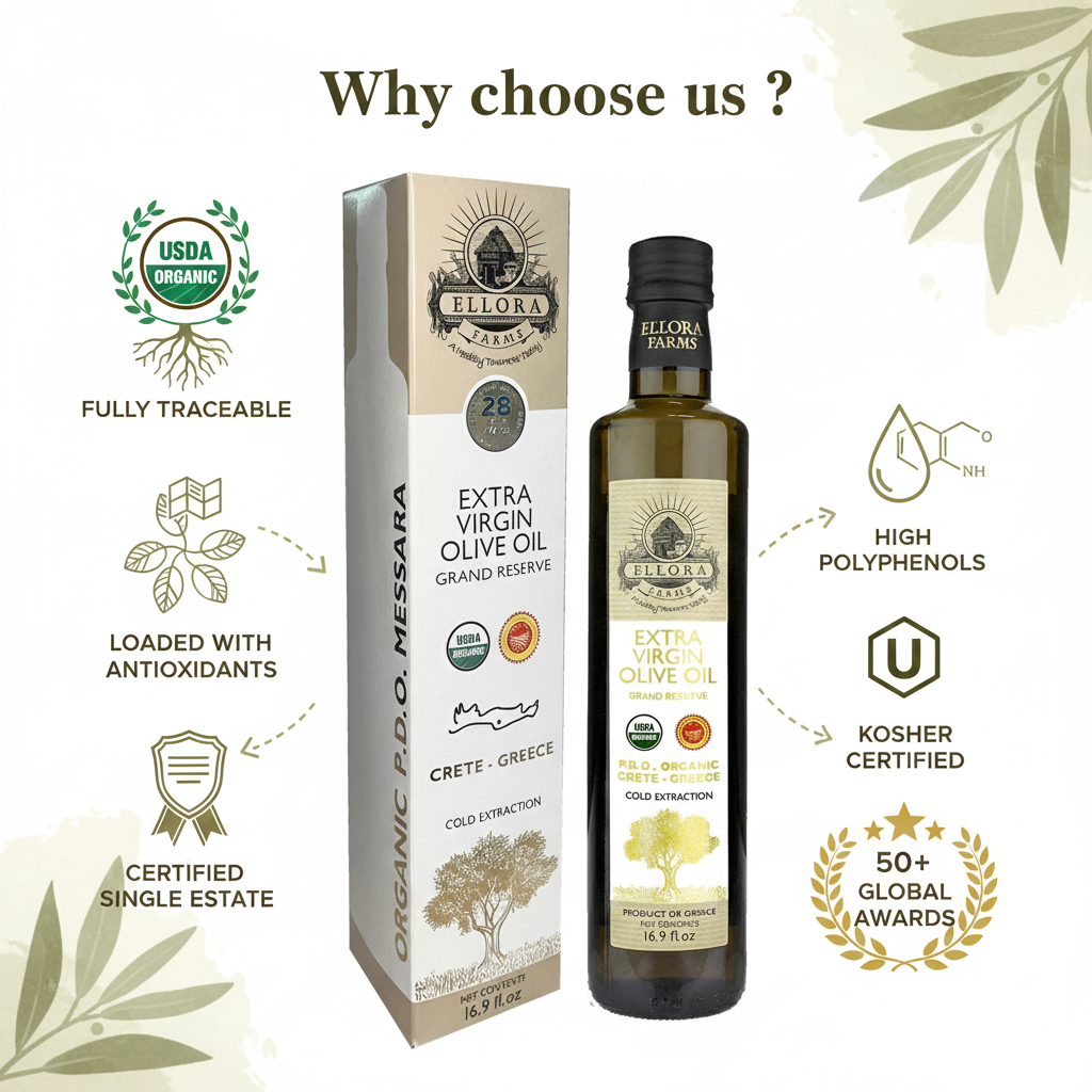 Ellora Farms PDO Organic & PDO Single Estate Greek Extra Virgin Greek Olive Oil, 500ml Bottles Combo