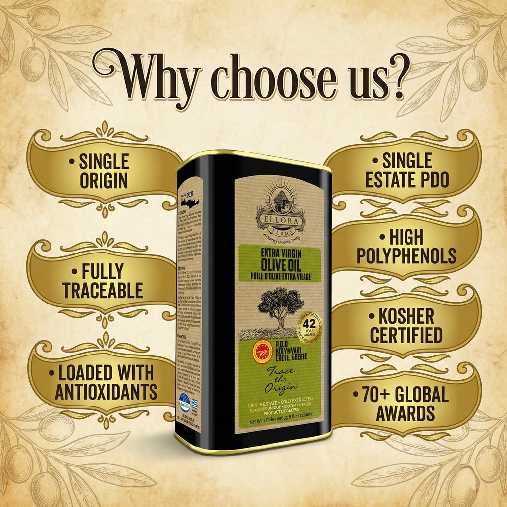 Ellora Farms PDO SITIA & Kolymvari, Greek Extra Virgin Olive Oil, 1 Ltr Tin (33.8 oz) Combo