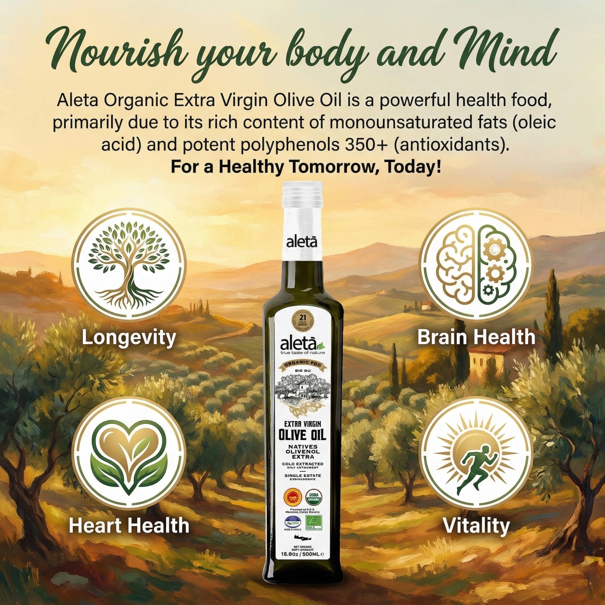 Aleta Organic & Single Estate PDO Extra Virgin Greek Olive Oil, Traceable, Kosher, Great Taste Award, 17 oz. (500ml) Bottle  X 2