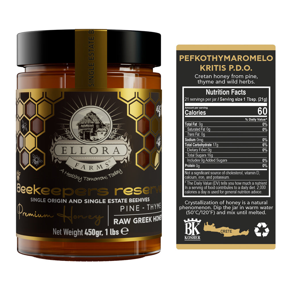 Ellora Farms, Single Estate PDO Greek Raw Honey, Beekeepers Reserve Gift of Honey in TUBE, Pine & Thyme, 450g