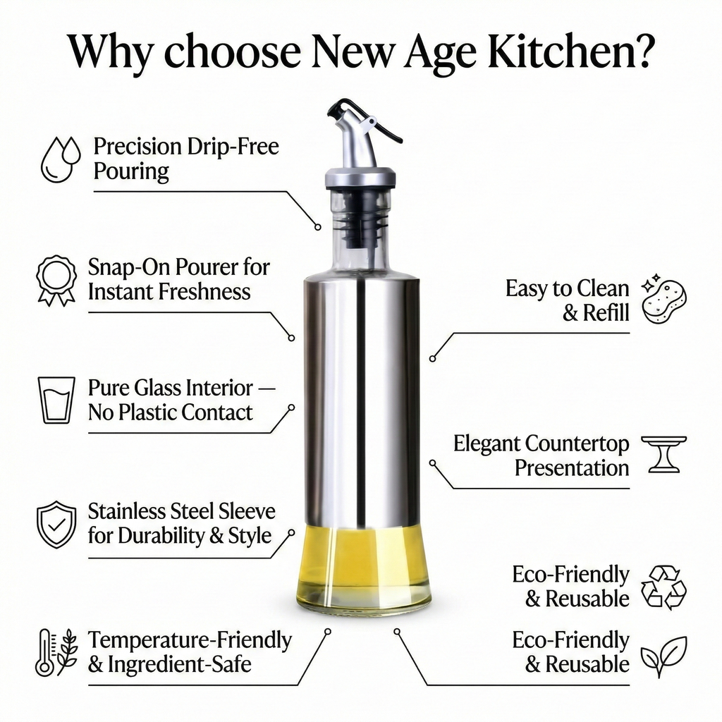 New Age Kitchen, Glass Cruet Bottle, Elegant Stainless Steel Shell Casing, large 17 oz (Black+Steel)