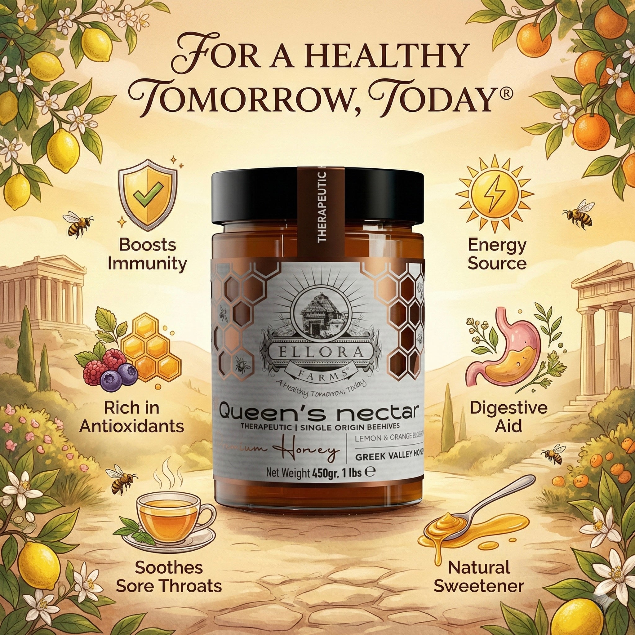 Ellora Farms, Greek Raw Honey, Queens Nectar, Lemon & Orange Blossom, Gift of Honey TUBE Pack 450g