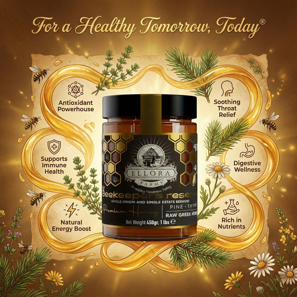 Ellora Farms, Single Estate PDO Greek Raw Honey, Beekeepers Reserve Gift of Honey in TUBE, Pine & Thyme, 450g