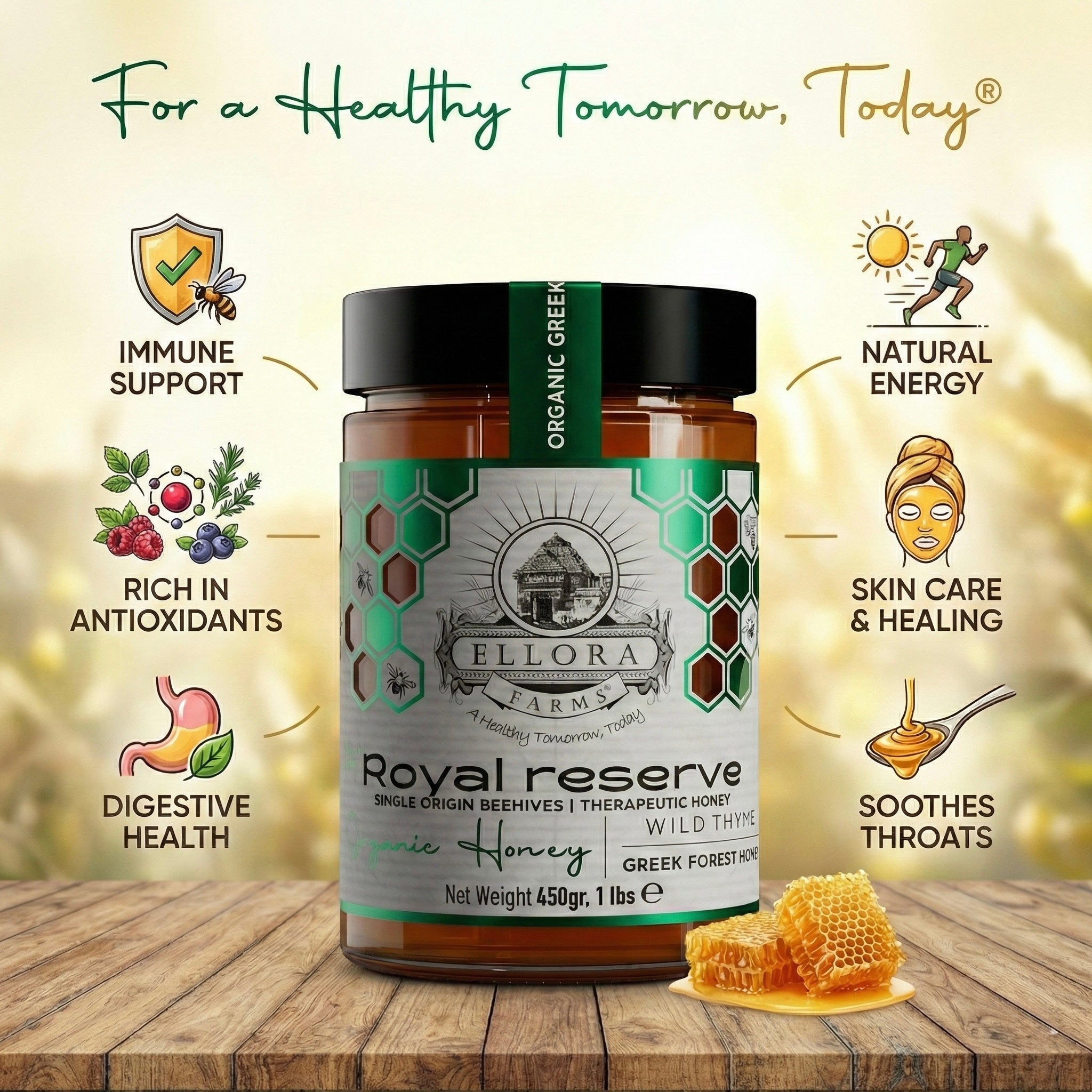 Ellora Farms, Organic Greek Raw Honey, Royal Reserve, Wild Thyme, Gift of Honey POT, Dipper Included, 450g