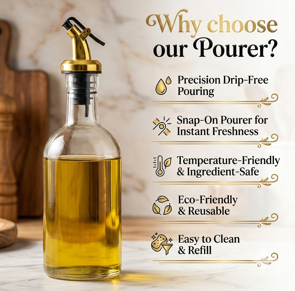 Ellora Farms, Venus Chef Pourer 2 Pk, Venus Chef Pourer, Perfect for Oil, Vinegar or Wines, Snap on Lock, Gold