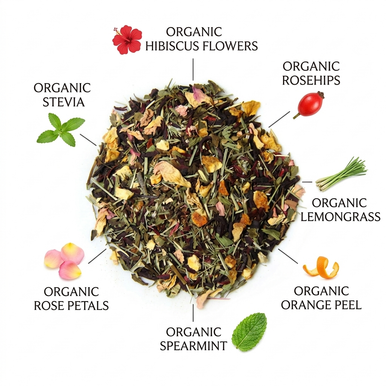 Organic Hibiscus High Tea, Caffeine Free Herbal Infusion, Wellness Tea Collection. 1.5 oz. Jar