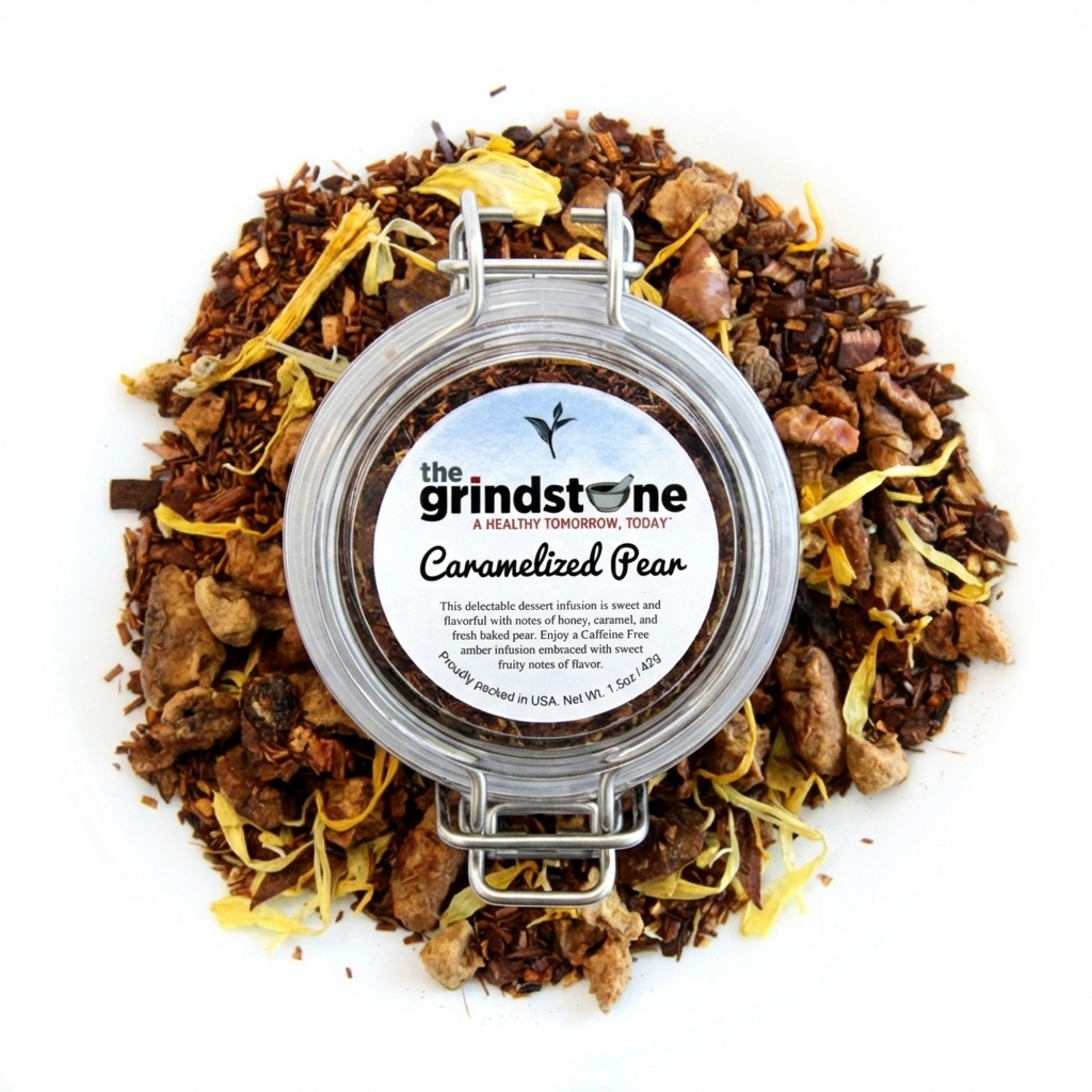 Organic Caramelized Pear Tea, Caffeine Free Herbal infusion with Rooibos, Honey bush, Pear and Apple, 2 oz. Jar