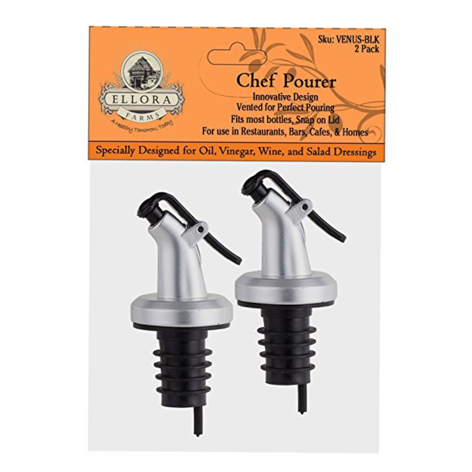 Ellora Farms, Venus Chef Pourer 2 Pk, BPA Free, Designed for Oil, Vinegar, or Dressings, Fits 16 oz bottles
