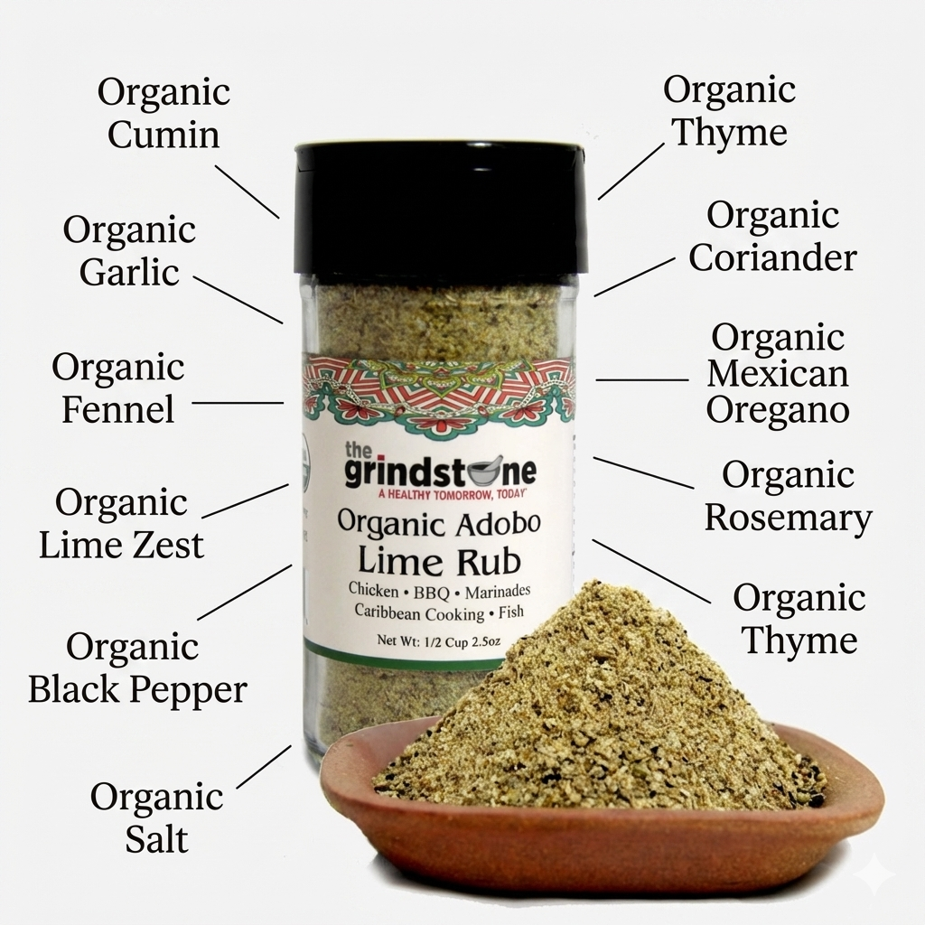 Combo Pack, Organic Adobo Lime Rub & Salt Free Mojo Seasoning, Marinade, Vegetables, Seafood- Tilapia and Salmon, Glass Bottle, Pack of 2