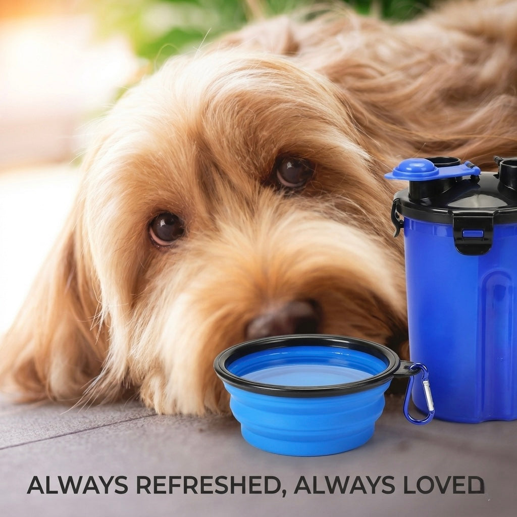 Dog Water Bottle and Collapsible Bowl, 2 in 1 Pet Food Container, Portable Water Bowl for Walking, Traveling, Camping Hiking (Blue)