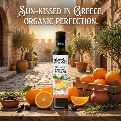Aleta Organic, Infused Orange Balsamic Vinegar, Bright & Citrusy, No Added Sugars, No Preservatives, Glass Bottle, 8.45 oz.