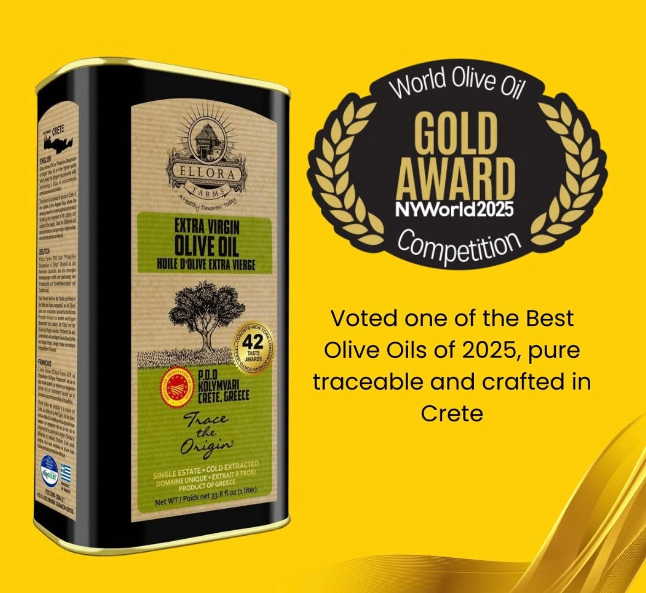 Ellora Farms, Award Winning Certified PDO Extra Virgin Olive Oil, Traceable and Single Estate, Harvested in Crete, Greece, 1 Ltr Tin, 33.8 FL oz, Pack of 4