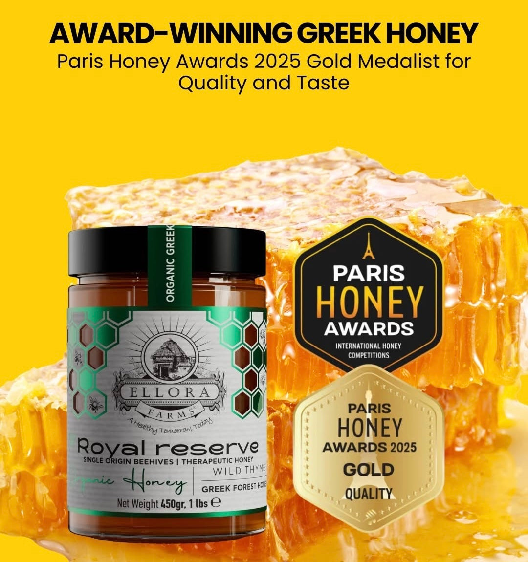Ellora Farms, Organic Greek Raw Honey, Royal Reserve, Wild Thyme, Gift of Honey POT, Dipper Included, 450g