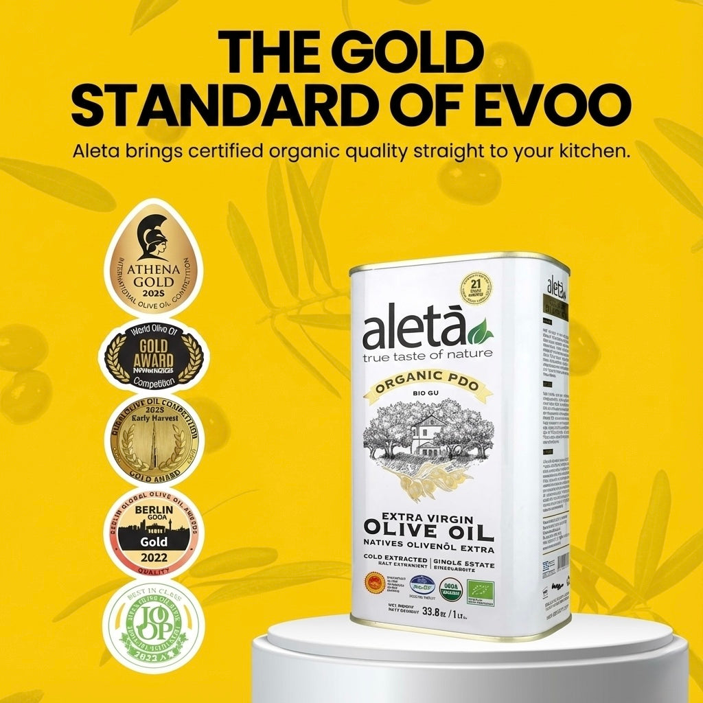 Aleta Organic & Ellora PDO SITIA Single Estate Extra Virgin Greek Olive Oil, 1 Ltr Tin, 33.8 oz. Combo