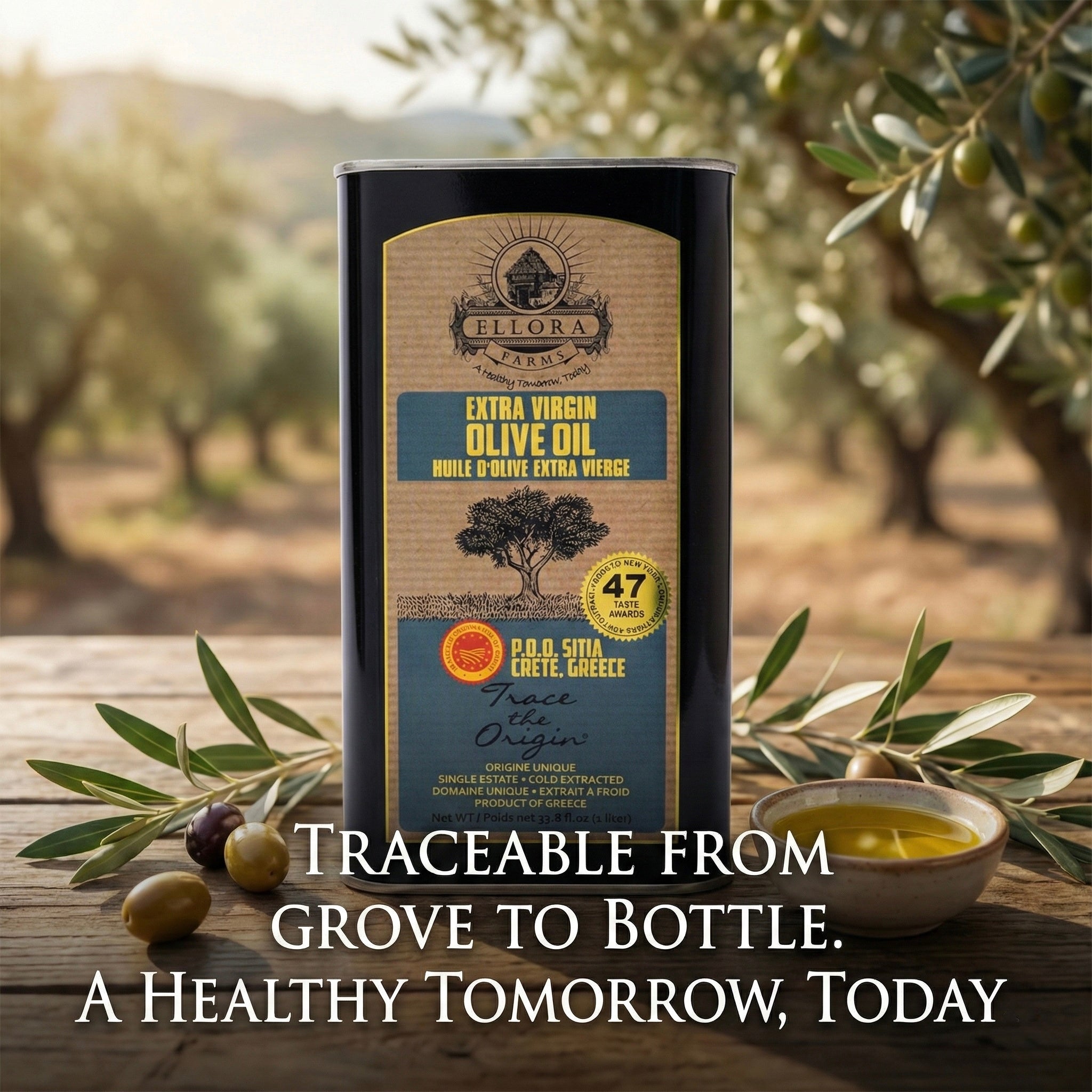 Ellora Farms PDO SITIA & Kolymvari, Greek Extra Virgin Olive Oil, 1 Ltr Tin (33.8 oz) Combo