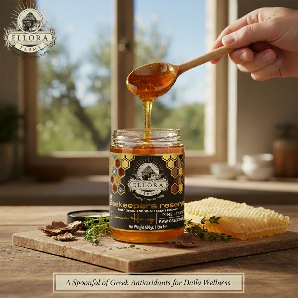 Ellora Farms, Single Estate PDO Greek Raw Honey, Beekeepers Reserve Gift of Honey in TUBE, Pine & Thyme, 450g