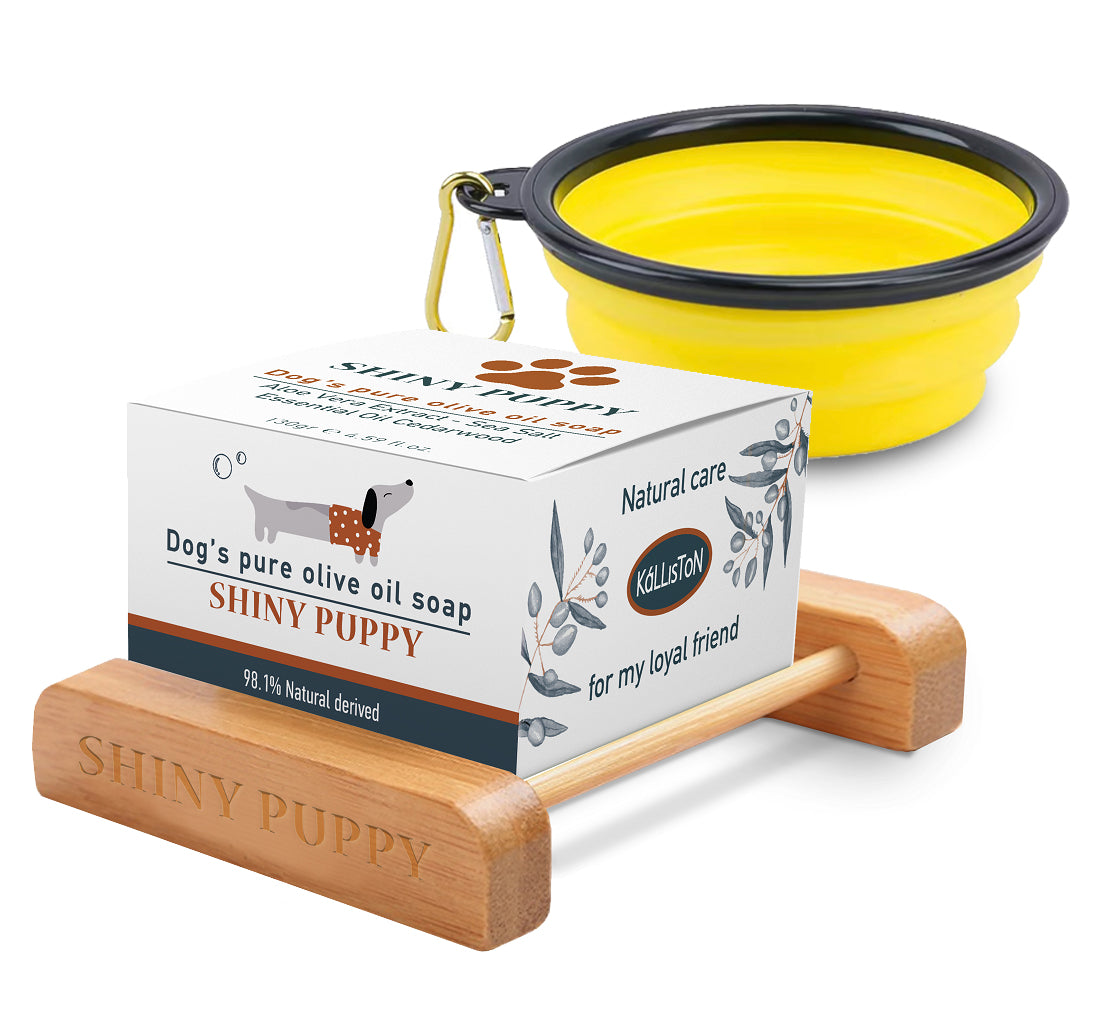Puppy Dog Olive Oil Soap with Aloe Vera Extract, Shampoo Bar Soap, Itch Relief from Cedar Oil, Soap Base and Collapsible Water Dish, 130 Grams (Yellow)