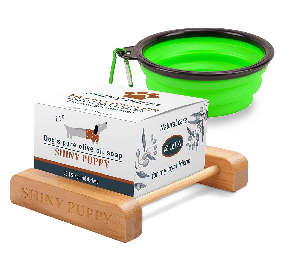Puppy Dog Olive Oil Soap with Aloe Vera Extract, Shampoo Bar Soap, Itch Relief from Cedar Oil, Soap Base and Collapsible Water Dish, 130 Grams (Green)