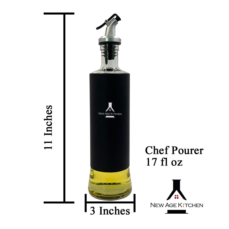 New Age Kitchen, Glass Cruet Bottle, Elegant Stainless Steel Shell casing, large 17 oz (Black)