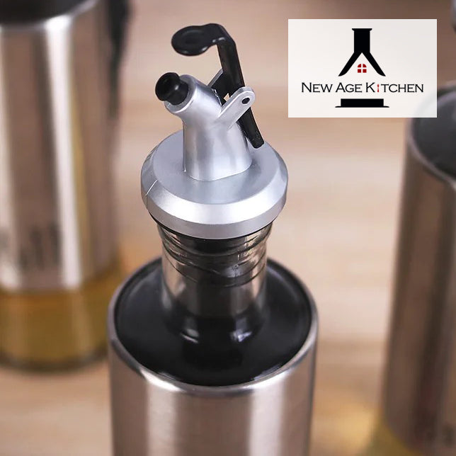 New Age Kitchen, Glass Cruet Bottle, Elegant Stainless Steel Shell casing, large 17 oz (Steel)