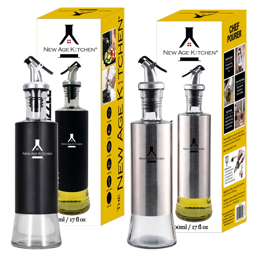 New Age Kitchen, Glass Cruet Bottle, Elegant Stainless Steel Shell Casing, large 17 oz (Black+Steel)