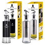 New Age Kitchen, Glass Cruet Bottle, Elegant Stainless Steel Shell Casing, large 17 oz (Black+Steel)