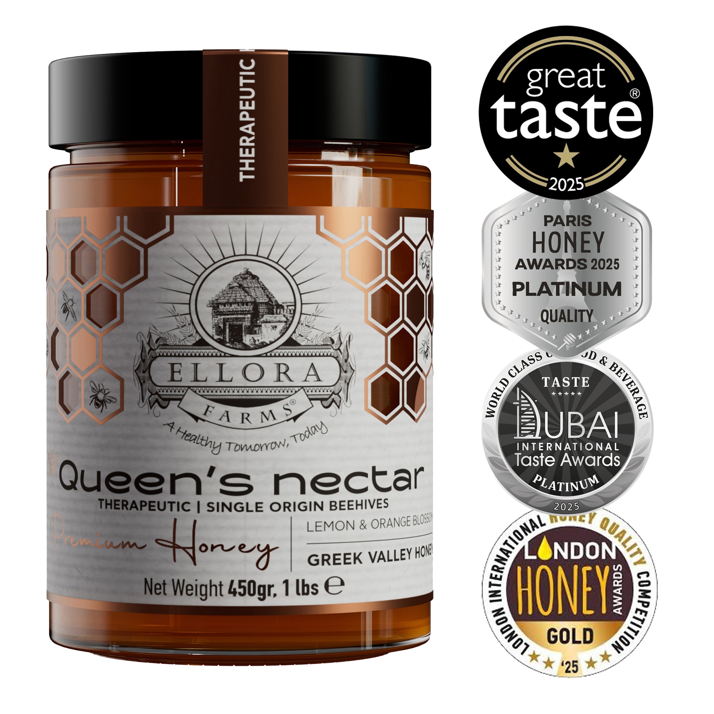 Ellora Farms, Greek Raw Honey, Queens Nectar, Lemon & Orange Blossom, Gift of Honey TUBE Pack 450g