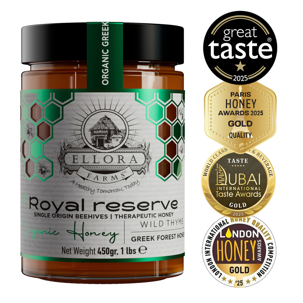 Ellora Farms, Organic Greek Raw Honey, Royal Reserve, Wild Thyme, Gift of Honey in TUBE, Dipper Included, 450g