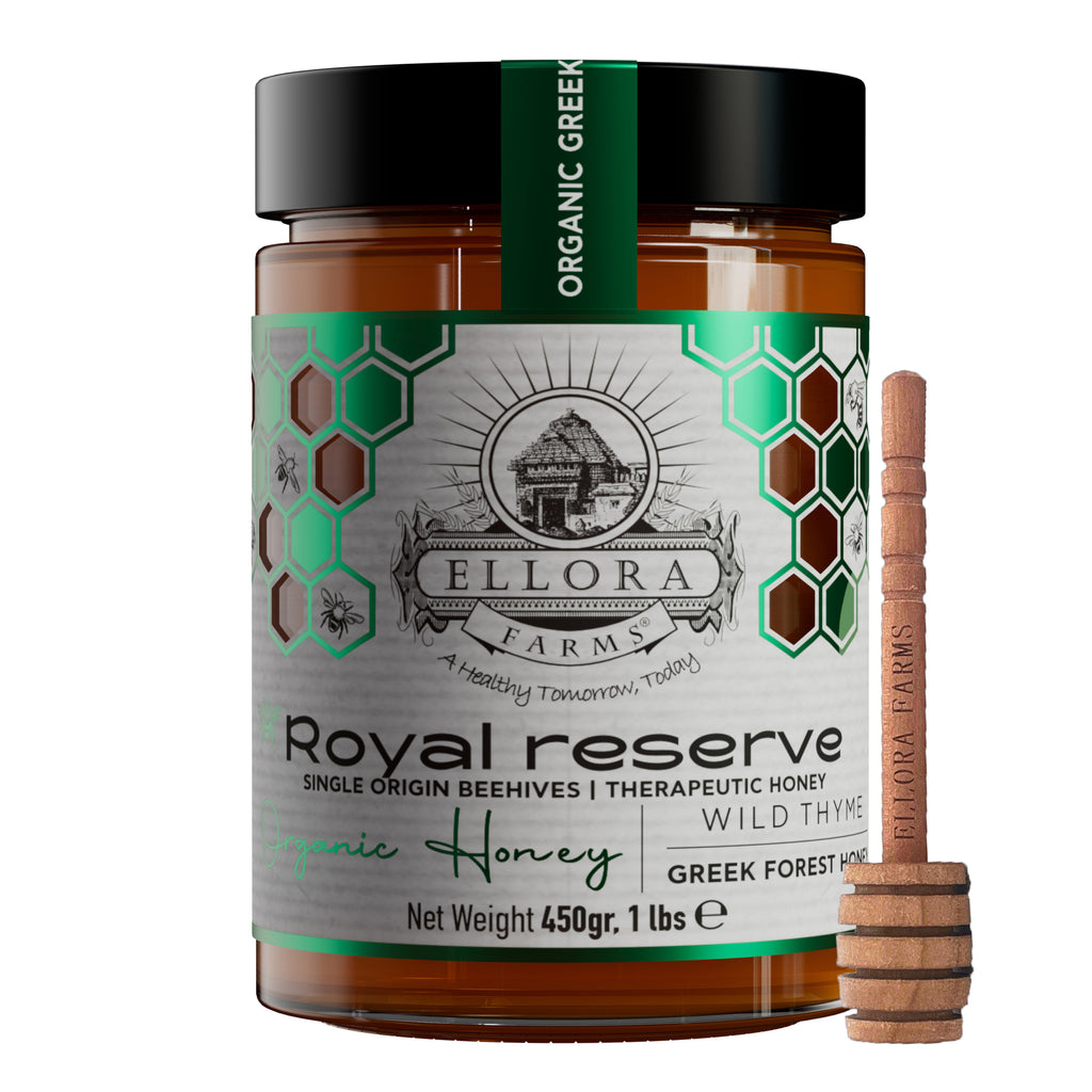 Ellora Farms, Organic Greek Raw Honey, Royal Reserve, Wild Thyme, Dipper Included, 450g