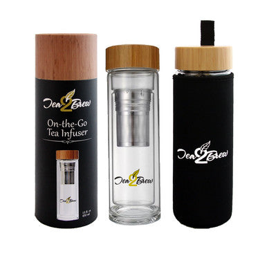 Tea2Brew, On the Go Tea Infuser, Double Walled Glass Body with Bamboo Lid, Perfect for Tea, Coffee, or Fruit Infusions, FREE Neoprene Sleeve Included, 15 oz (400ml)
