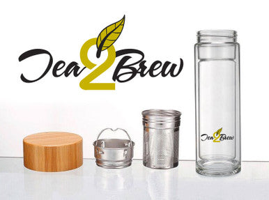 Tea2Brew, On the Go Tea Infuser, Double Walled Glass Body with Bamboo Lid, Perfect for Tea, Coffee, or Fruit Infusions, FREE Neoprene Sleeve Included, 15 oz (400ml)