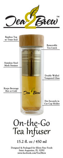 Tea2Brew, On the Go Tea Infuser, Double Walled Glass Body with Bamboo Lid, Perfect for Tea, Coffee, or Fruit Infusions, FREE Neoprene Sleeve Included, 15 oz (400ml)