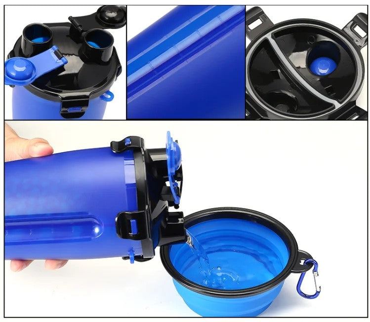 Dog Water Bottle and Collapsible Bowl, 2 in 1 Pet Food Container, Portable Water Bowl for Walking, Traveling, Camping Hiking (Blue)