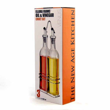 New Age Kitchen, Venus Glass Cruet Bottle Set, Carry Rack and Spout, Olive & Vinegar Dispenser, 16 oz. Bottles